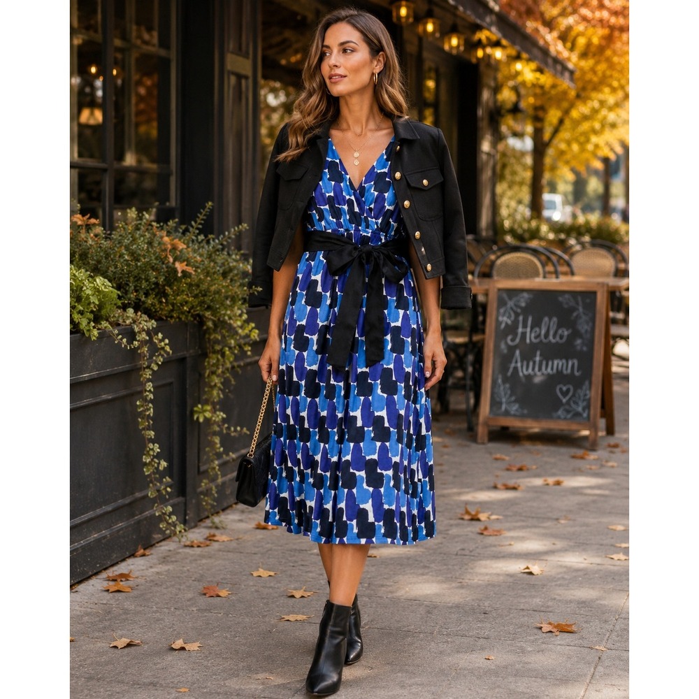 Boden US 8 Blue Abstract Jersey Faux Wrap Midi Dress Black Sash Workwear